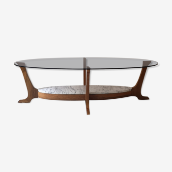 Coffee table design glass marble and wood, Hugues Poignant 1970