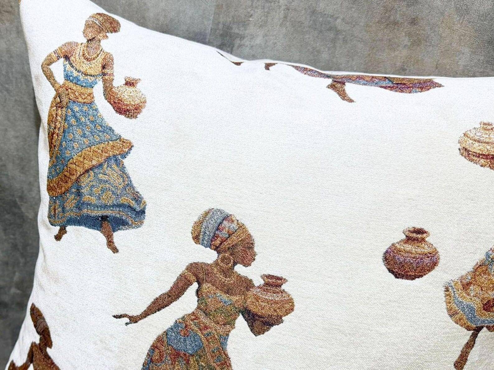 African Pottery Women Jacquard Cushion, Figural Woven Pillow Cover
