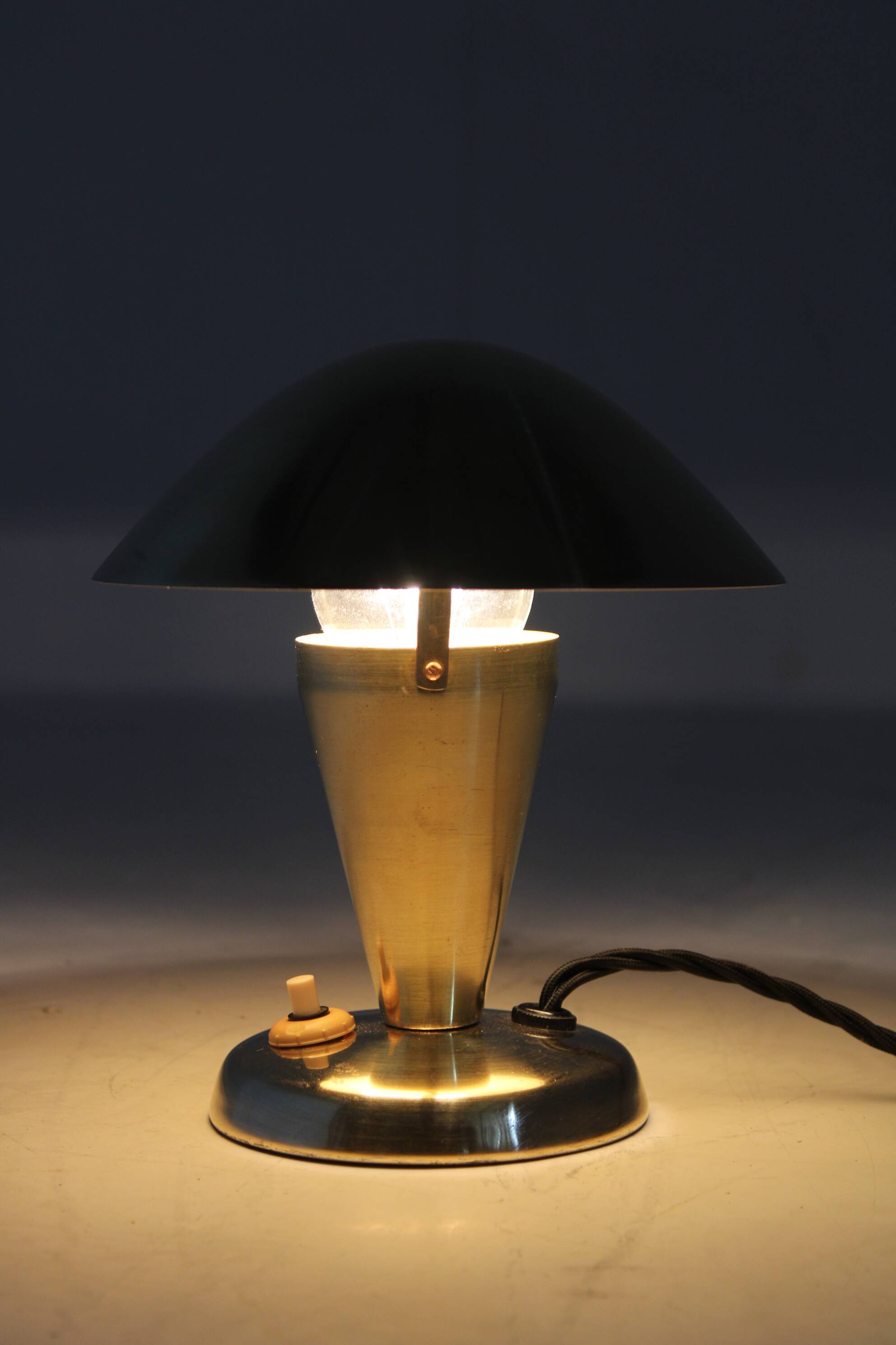 1930s Bauhaus Brass Finish "Mushroom" Table Lamp, Czechoslovakia