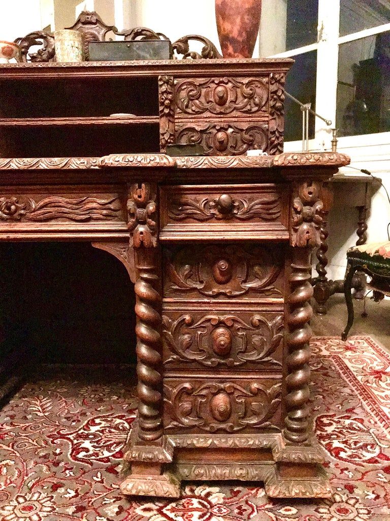 Hand-carved wooden desk in neo-renaissance style Henri II around 1870