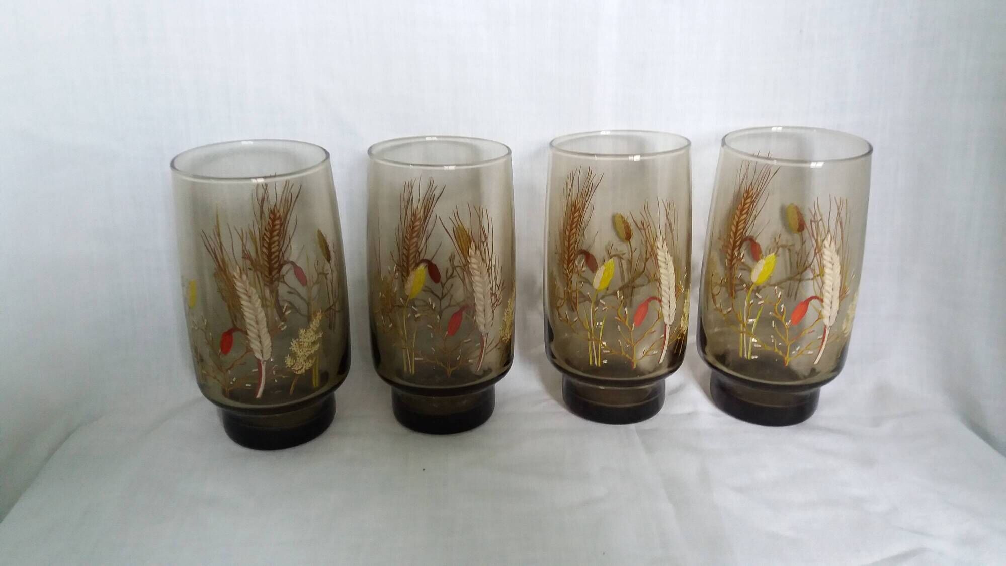 Verres Luminarc Tivoli set of 8, large amber glasses with a grass motif.
