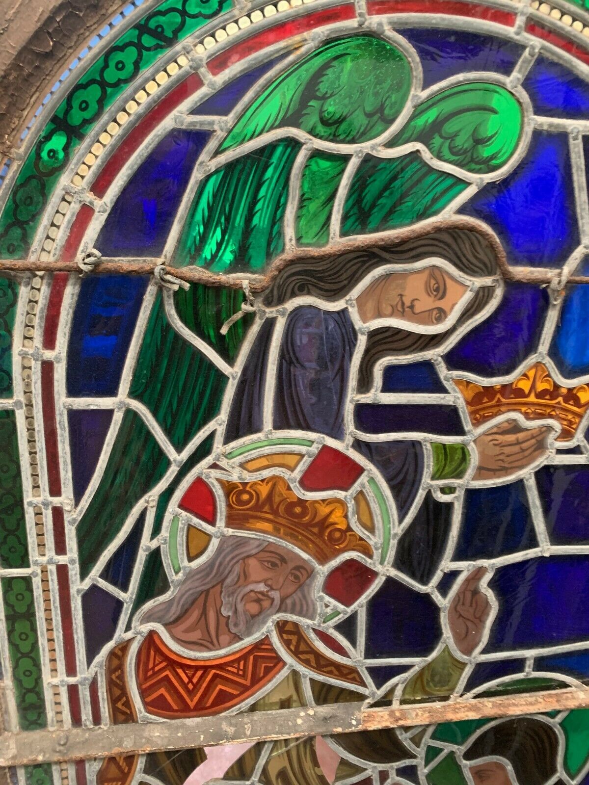 Stained glass panel representing a nineteenth century coronation