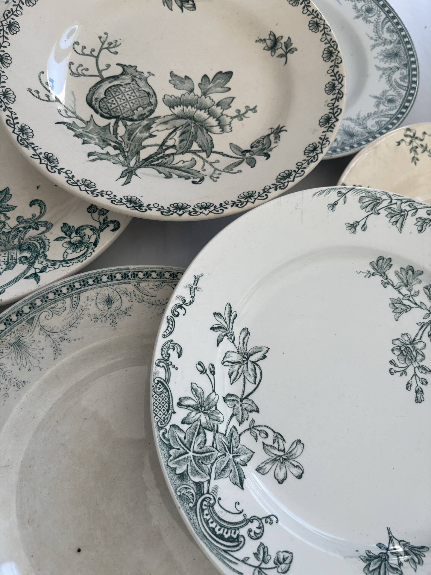 Lot of 6 green ironstone plates, antique French faience.