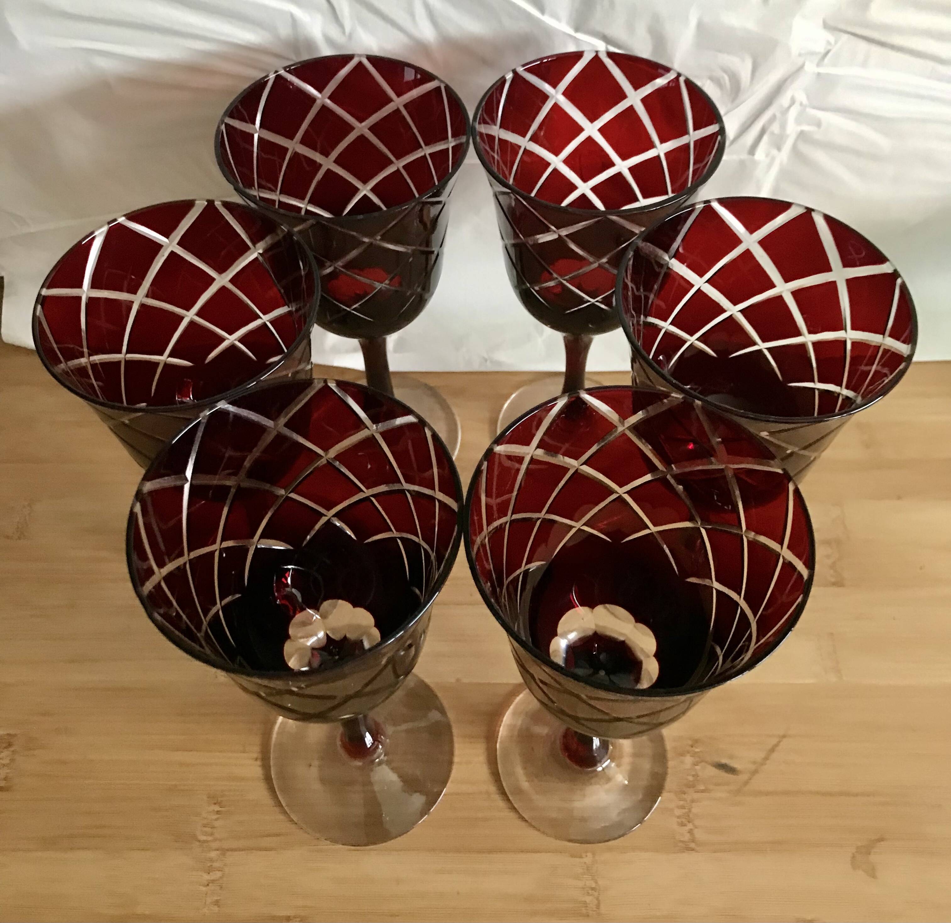 6 red italian cut glass wine glasses