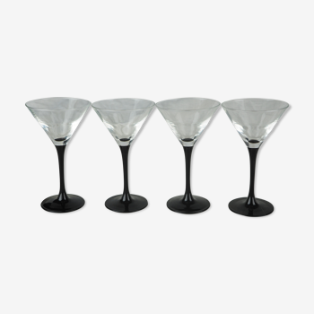 Set of 4 black foot martini glasses - Arques crystal, Luminarc - 70s / 80s