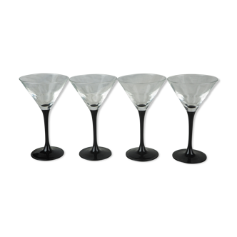 Set of 4 black foot martini glasses - Arques crystal, Luminarc - 70s / 80s