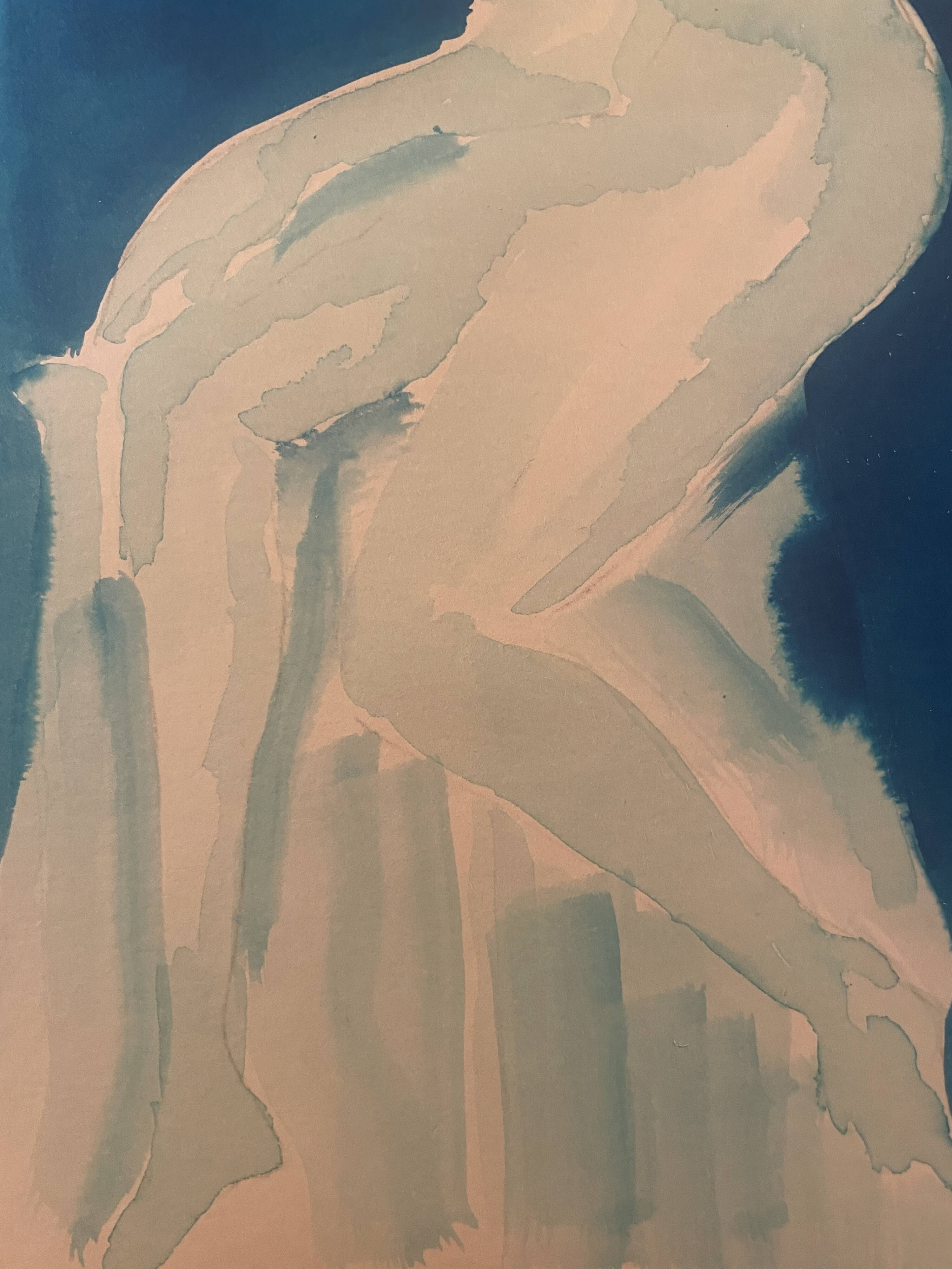 Monochrome blue watercolour tableau collection "blue lady" the pose, signed.