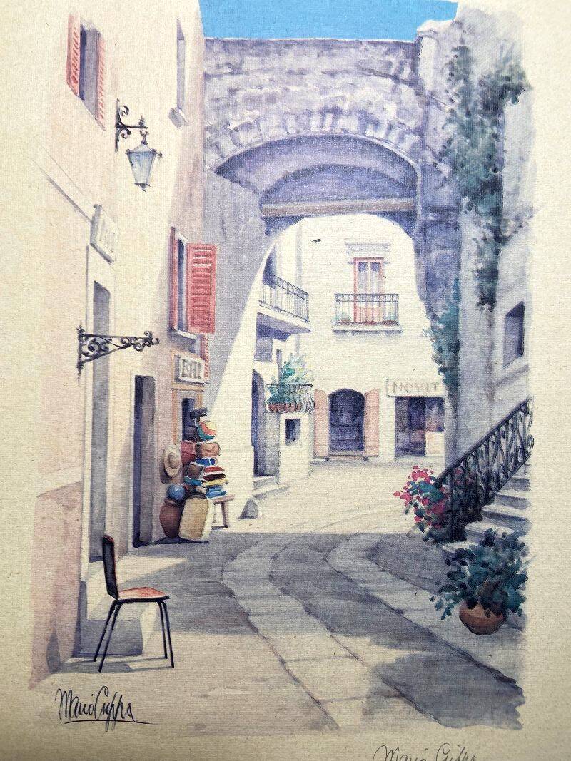 Framed Table Lithograph Watercolour Artist Mario Crippa Italy 70
