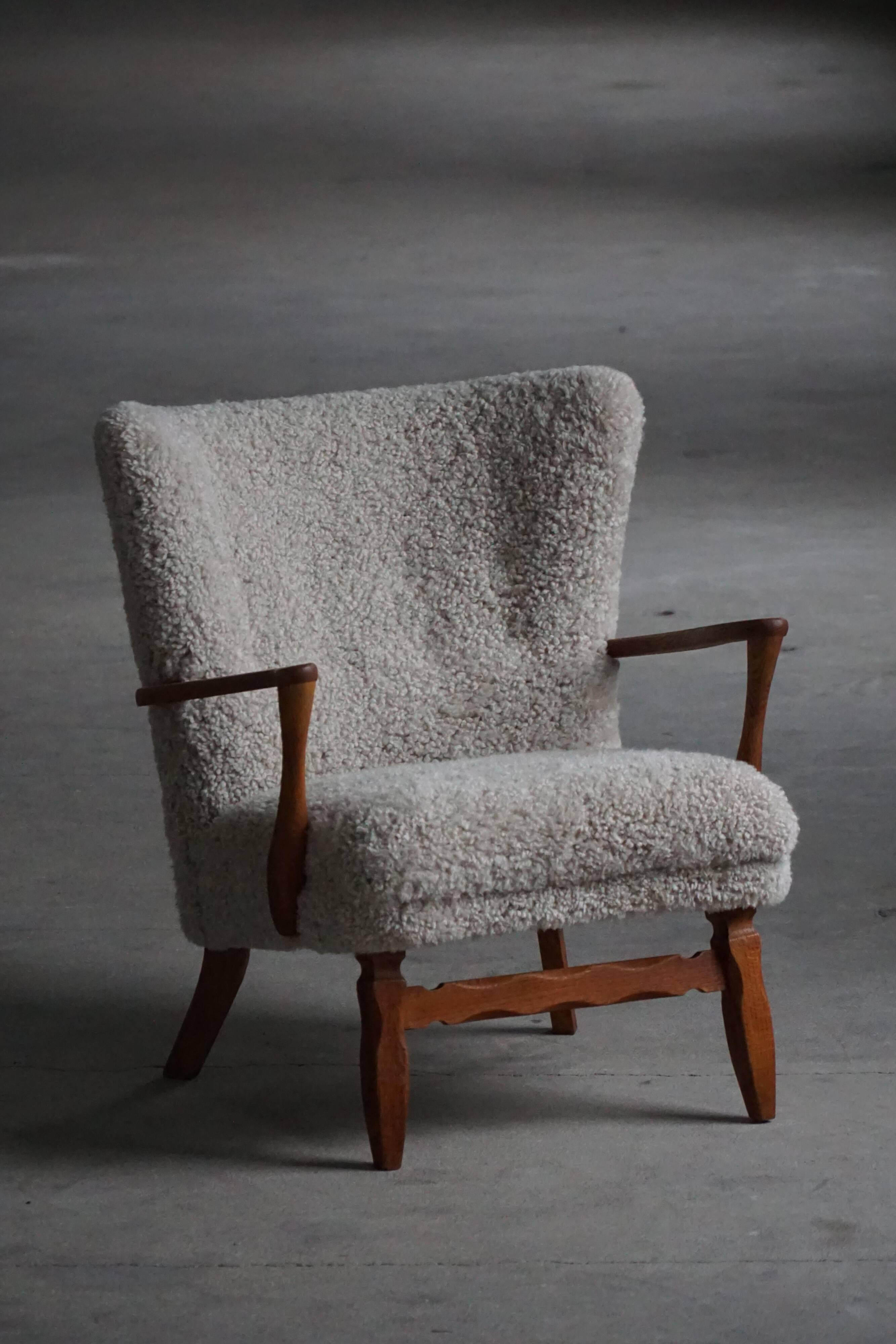 Viggo Boesen, Lounge Chair in Oak and Sheepskin Shearling, Modern Danish, 1950s