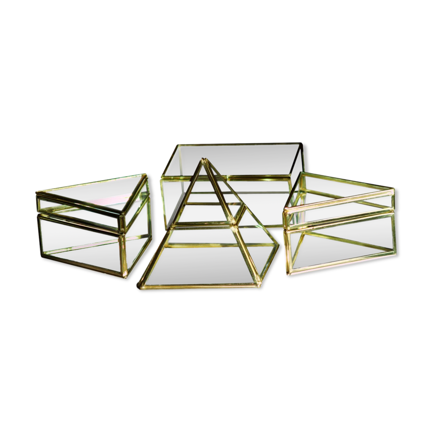 4 old glass, brass and mirror jewellery boxes