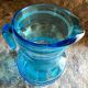 Vintage Fidenza Vetraria Italy pitcher and 3 blue glasses, 1950s