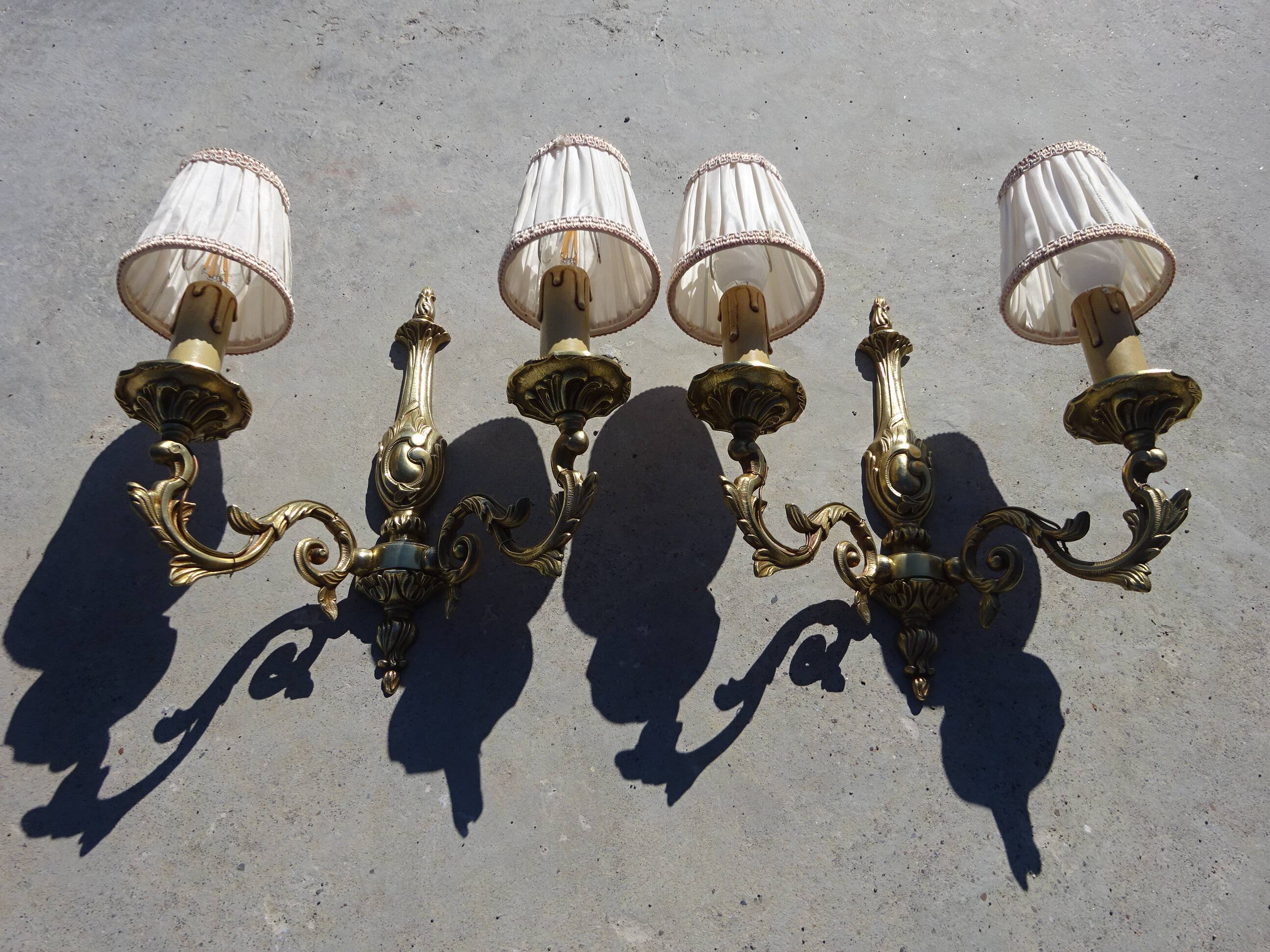 Bronze wall sconces, silk shades, pair