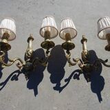 Bronze wall sconces, silk shades, pair