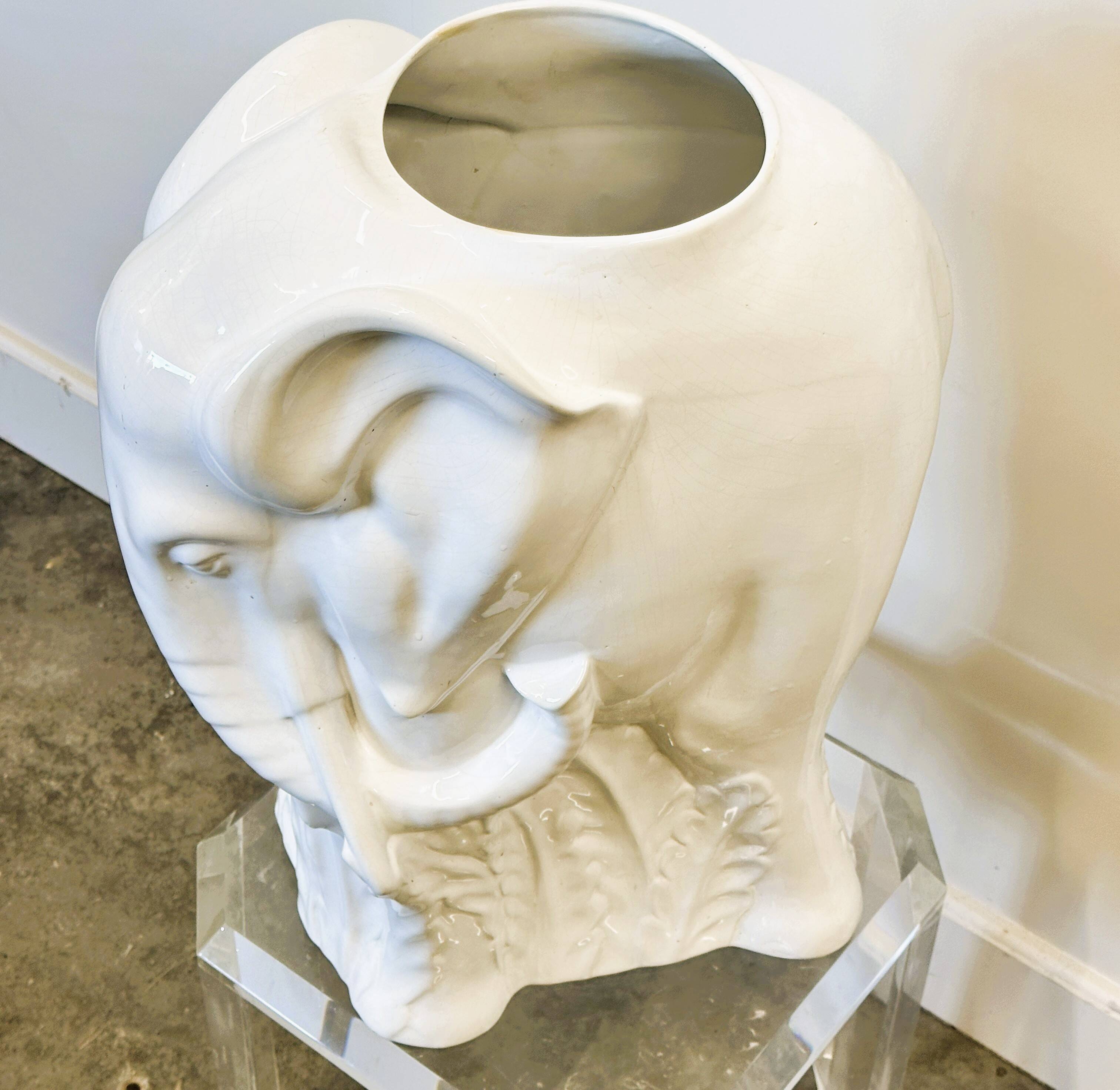 Vintage White Ceramic Elephant Umbrella Stand - Planter, France 1970s.