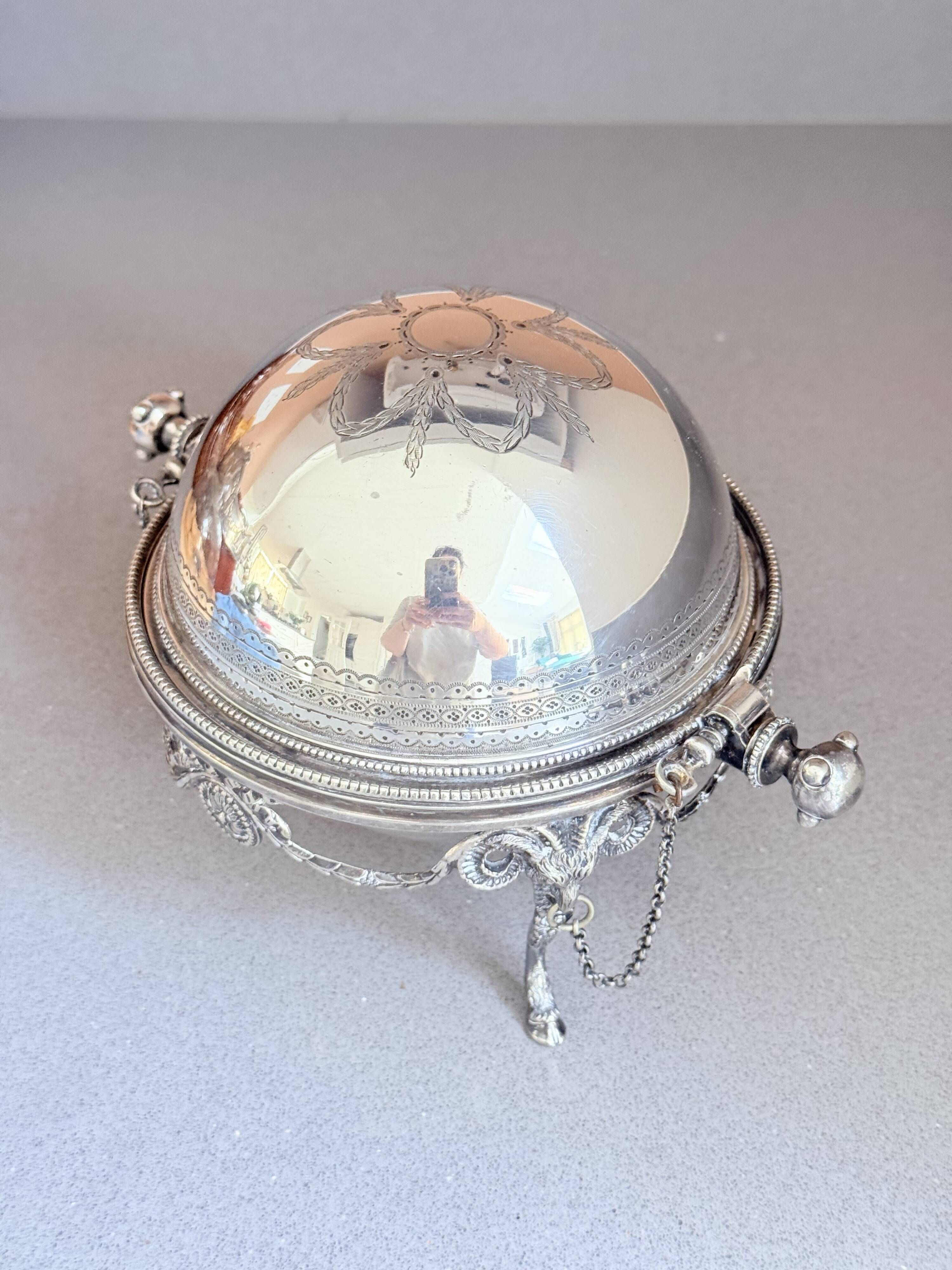 Antique English Silver-Plated Roll-Top Caviar Dish with Ram’s-Head Decoration