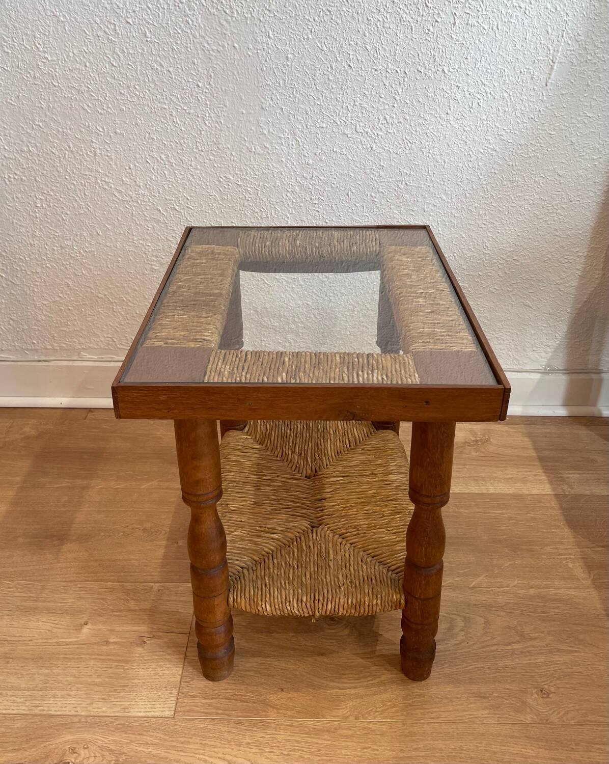 Wood, straw and glass side table, circa 1950