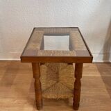 Wood, straw and glass side table, circa 1950