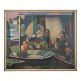 Grand tableau à l'huile vintage « Nettoyage de poissons »