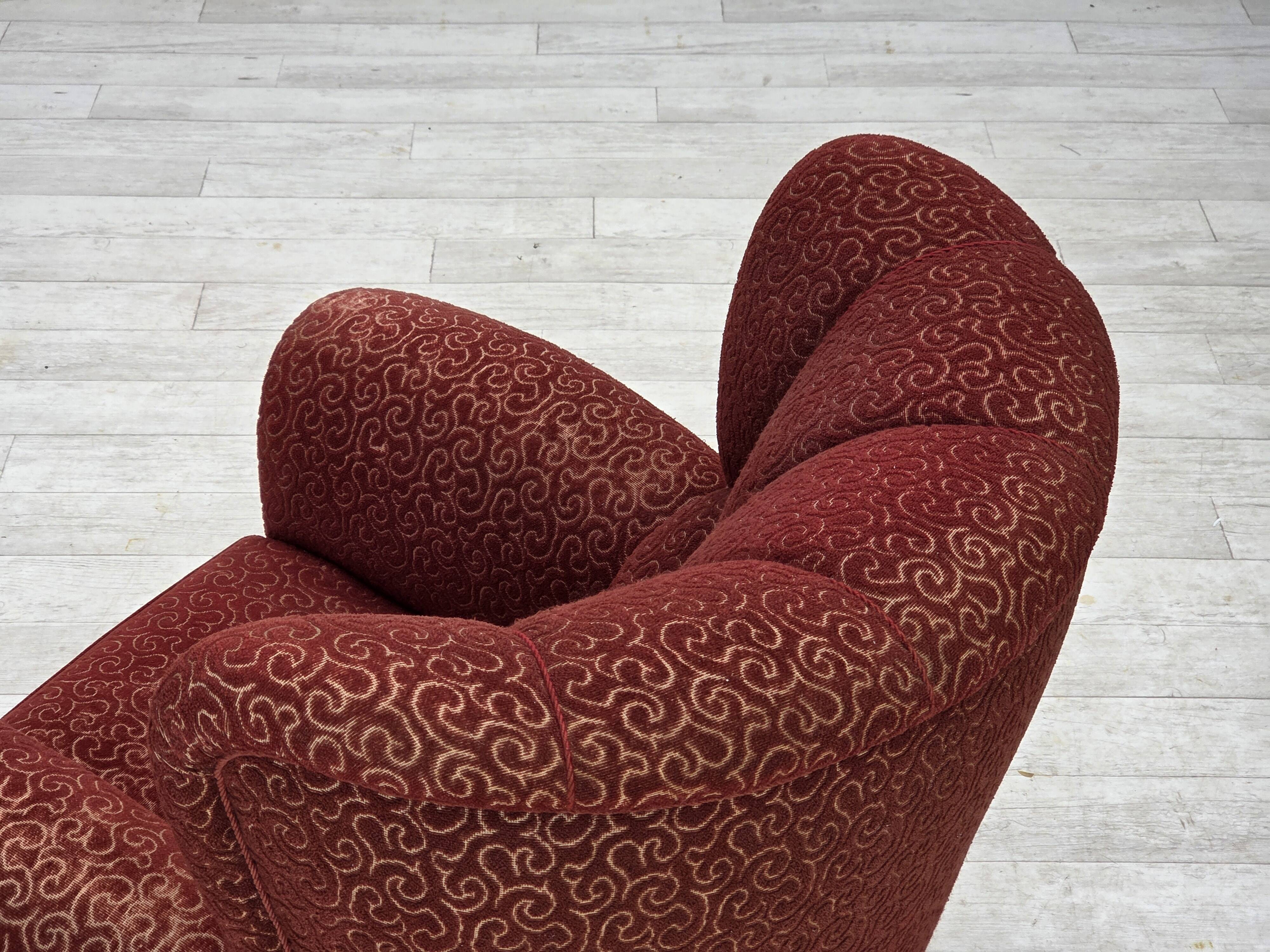 1960s, Danish relax armchair, original red furniture wool, oak wood legs.
