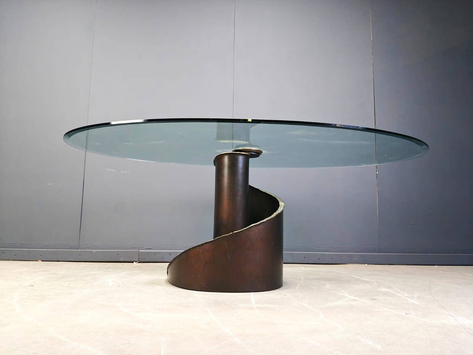Table de salle à manger en verre et bronze de style brutaliste des années 1990, signée Barilone pour Roche B