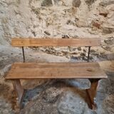 Banc en bois français vintage des années 1920 – Banc en hêtre massif avec dossier