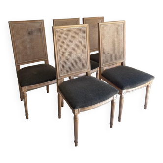 Lot 5 chaises bois blanchi et assises chocolat