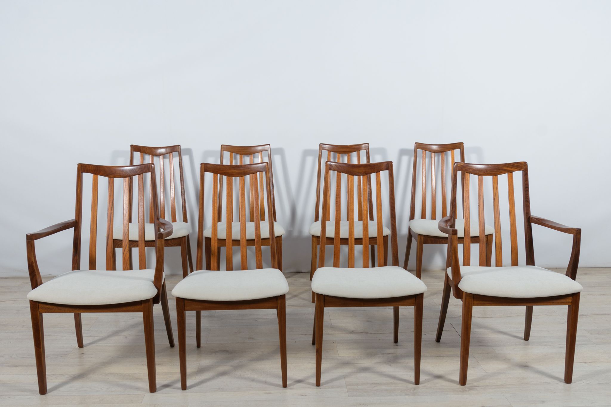 Mid-century teak and fabric dining chairs by Leslie Dandy for G-Plan, 1960s, Set of 8
