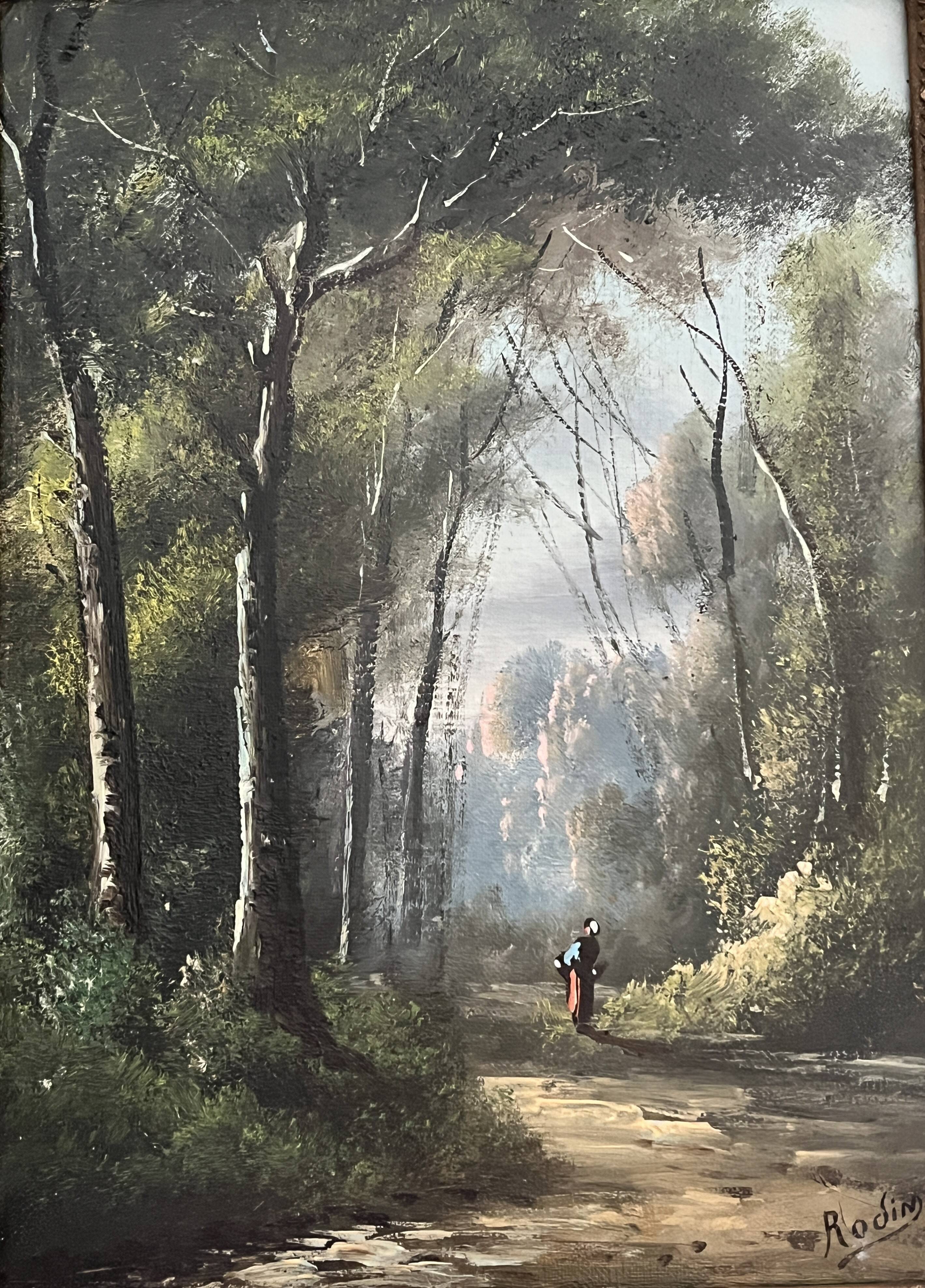 French school, HST animated landscape Barbizon signed late 19th century