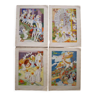 Set of 4 Breton illustrations (by Micheau-Vernez), Corentin, Haude, Gwénolé and Azénor