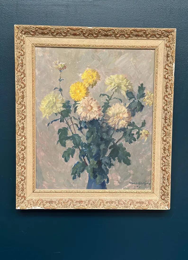 Original Swedish Oil on Panel – “Chrysanthemums” by Max Hellberg – Signed – Vintage & Framed – 68 × 58 cm (26.8" × 22.8")