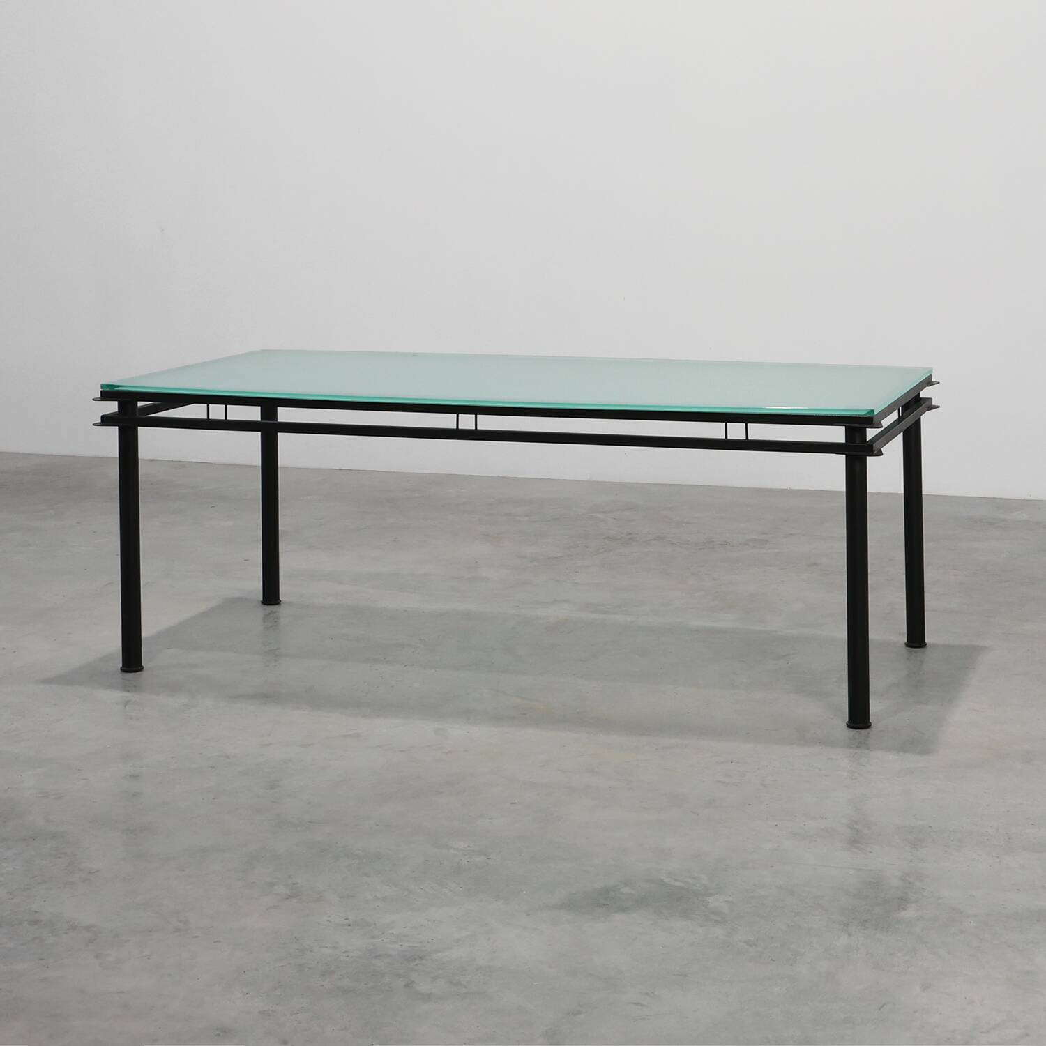 Modernist Dining Table with Black Metal Base and Glass Top, Belgium 1980s