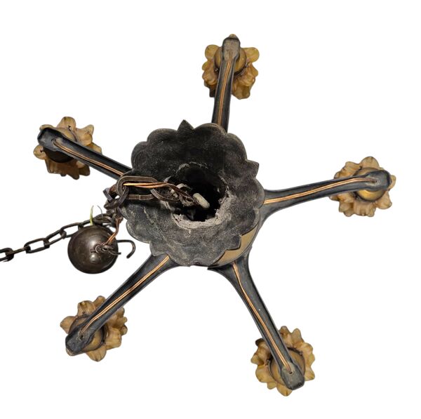 Suspension Art Déco / Art Nouveau / 5 bras en laiton / Abat-jour floraux soufflés à la main