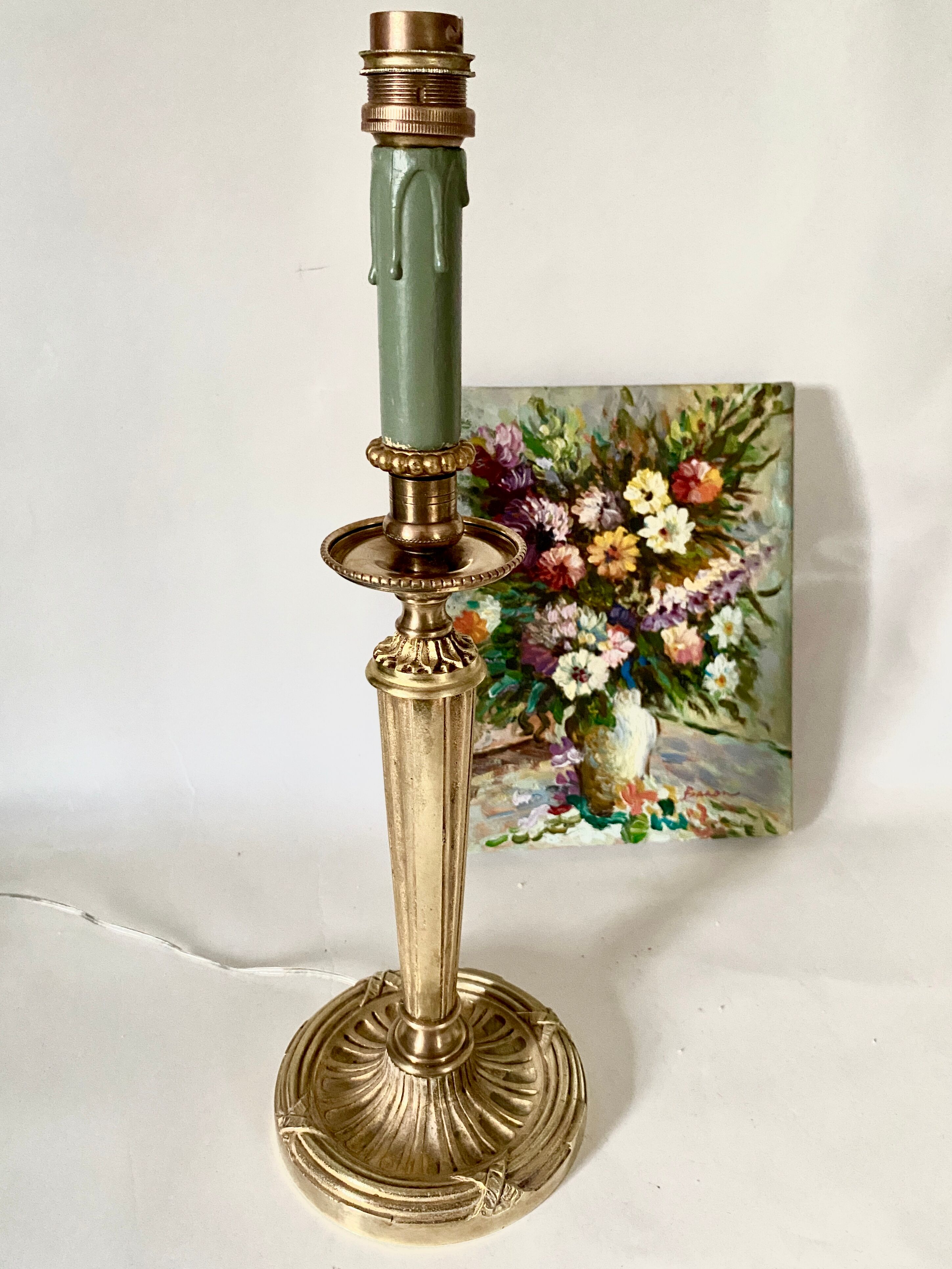 Neo-classical brass lamp, cotton shade