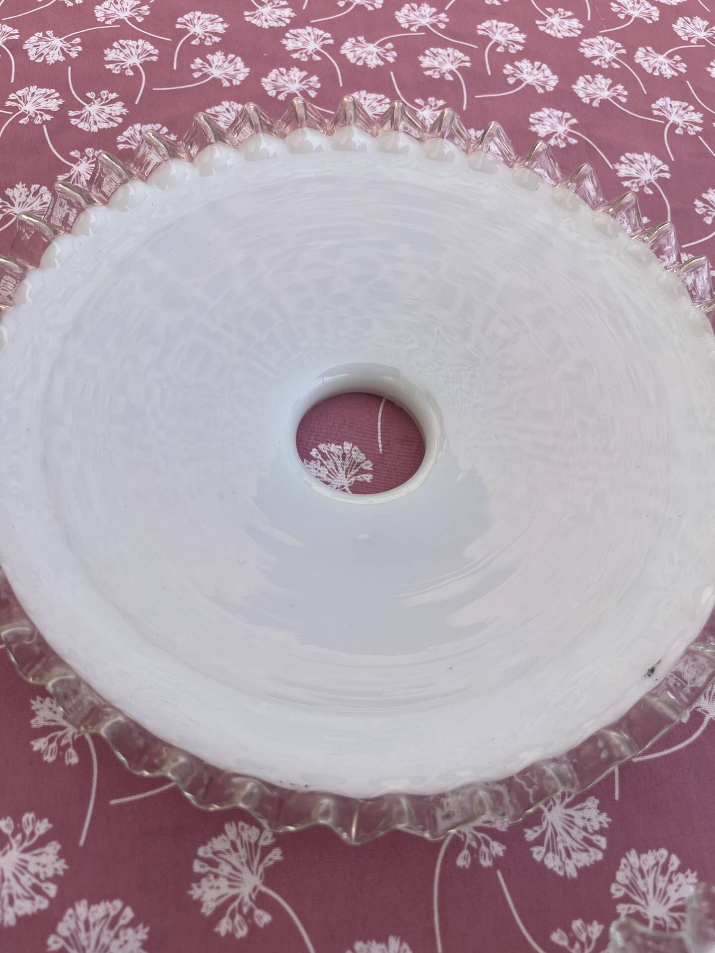 Set of 3 white opaline pendant lamps with scalloped collar.