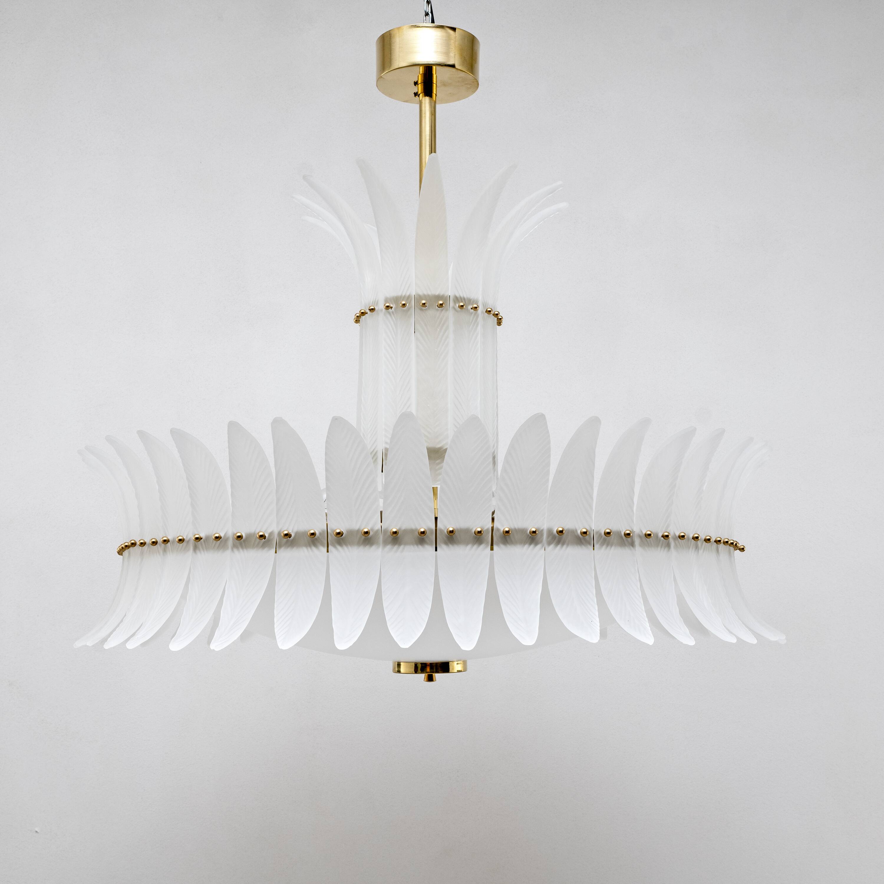Italian Murano Glass Feather Chandelier with Brass Details