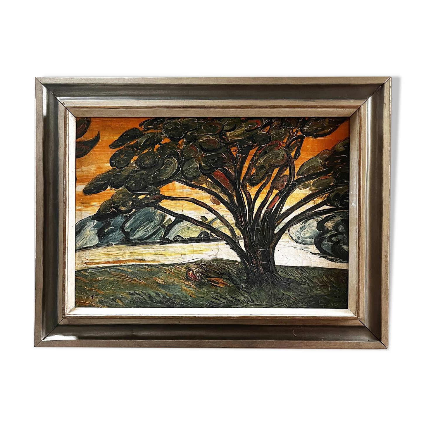 Mid-20th century painting "Tree at Sunset"