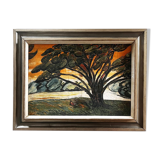 Mid-20th century painting "Tree at Sunset"