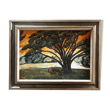 Mid-20th century painting "Tree at Sunset"