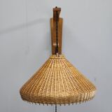 Adjustable oak and wicker wall lamp, Czechoslovakia, 1970s
