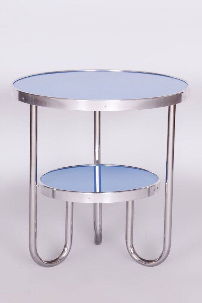 Small Czech Blue Bauhaus Table in Chrome from Kovona, 1930s