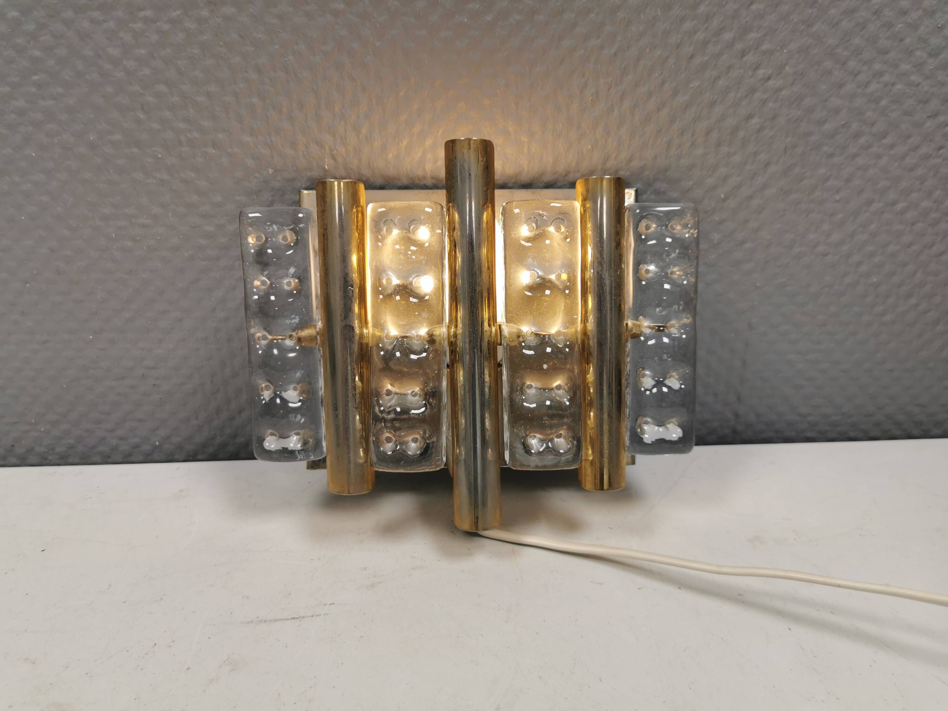 Old Swedish wall lamp, made of hard pressed glass, brass and metal 1960s