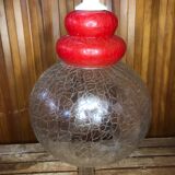 Ancienne suspension verre craquelé transparent & rouge années 70 vintage #a548