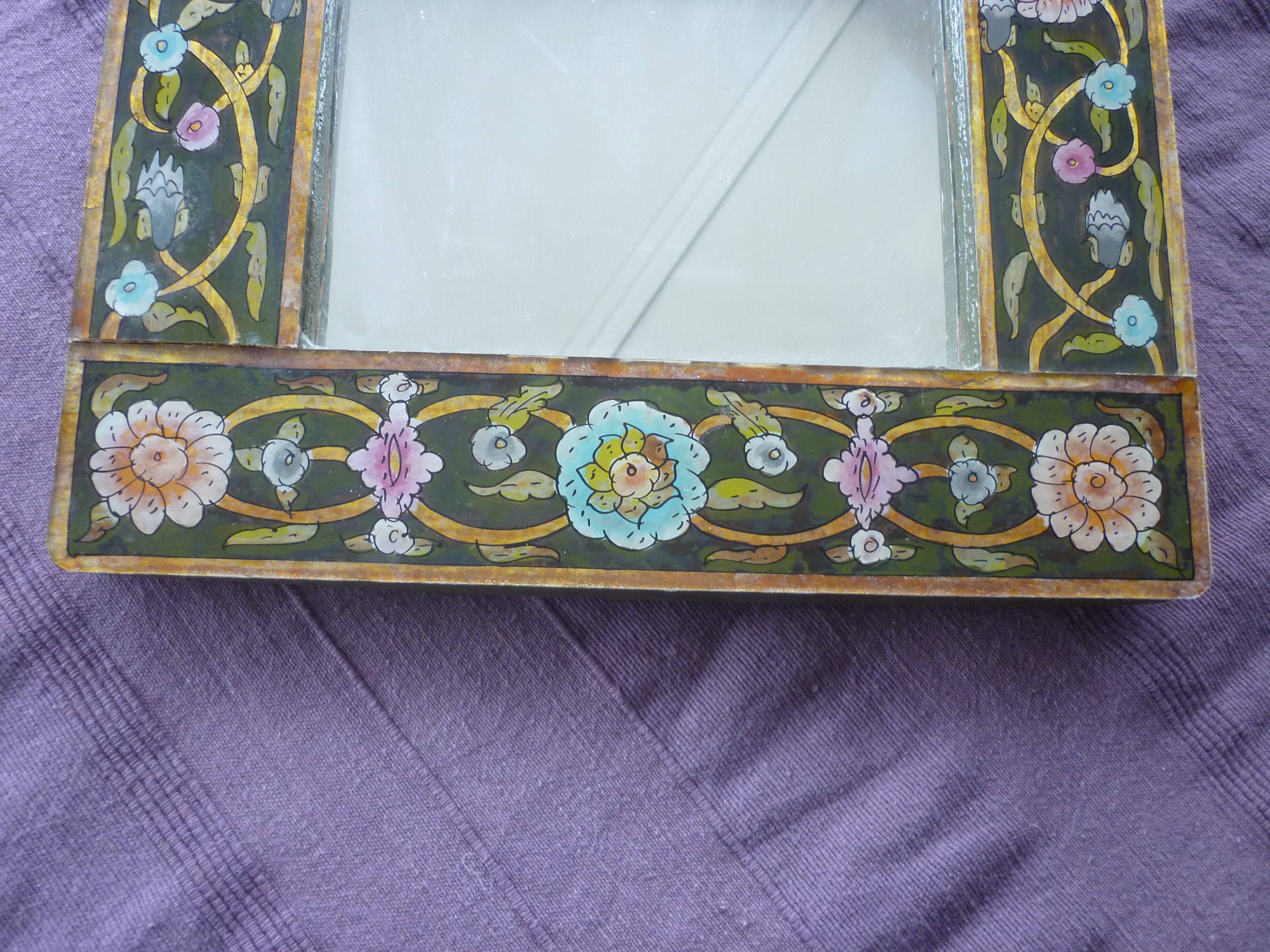 Miroir bois encadrement fixé sous verre floral 30x52cm