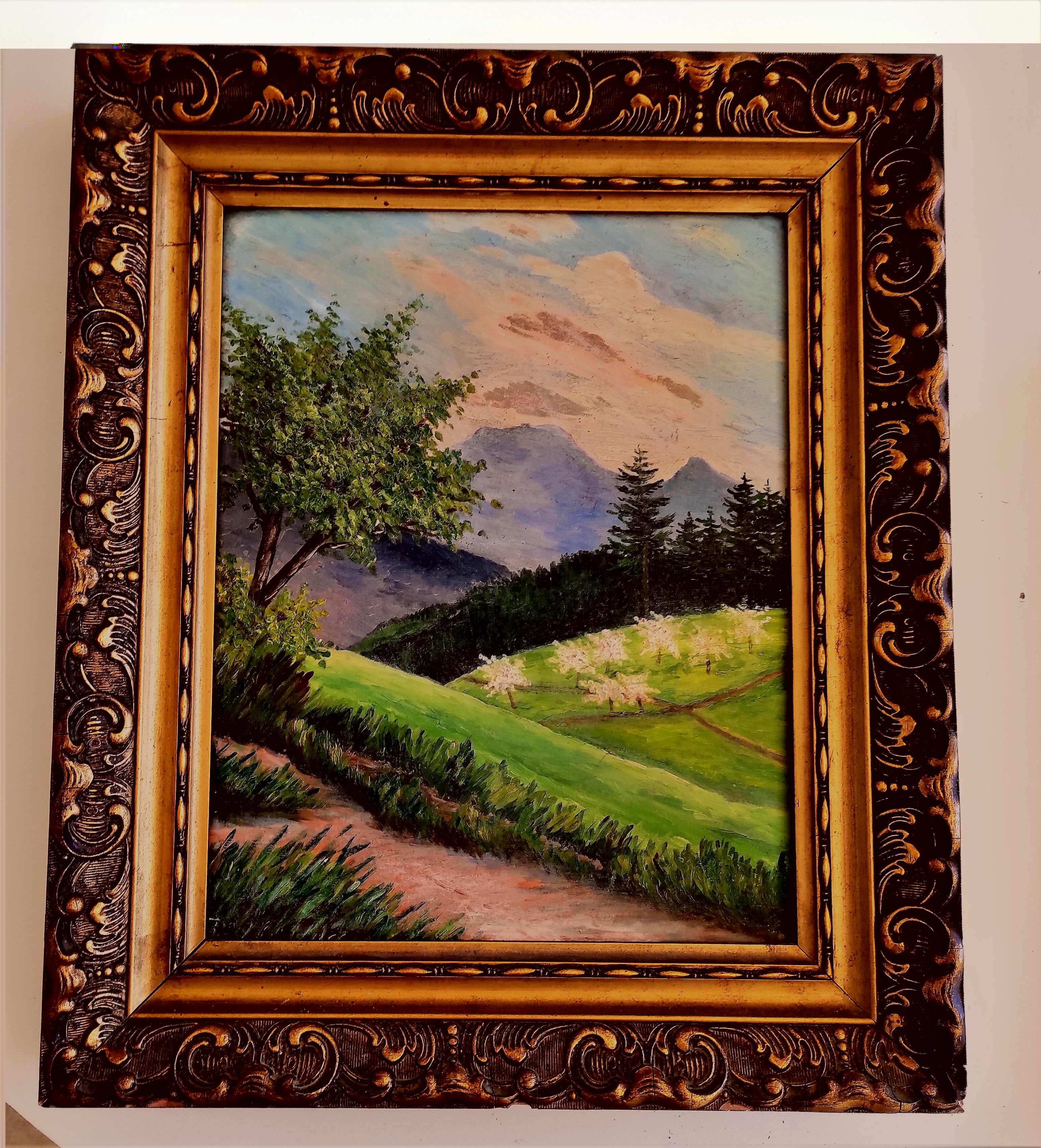 Boxed table old countryside landscape in the mountains