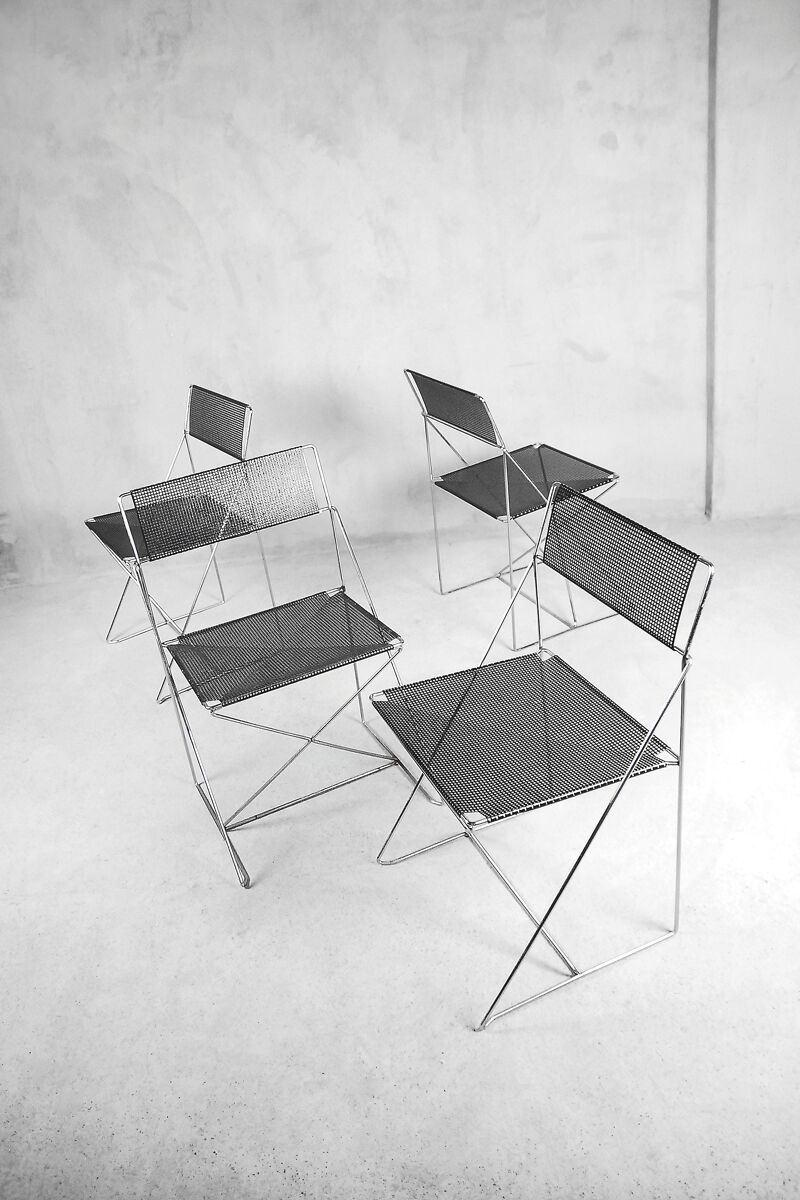 Minimalist Metal X-Line Chairs by Niels Jørgen Haugesen for Hybodan, 1970s, Set of 4