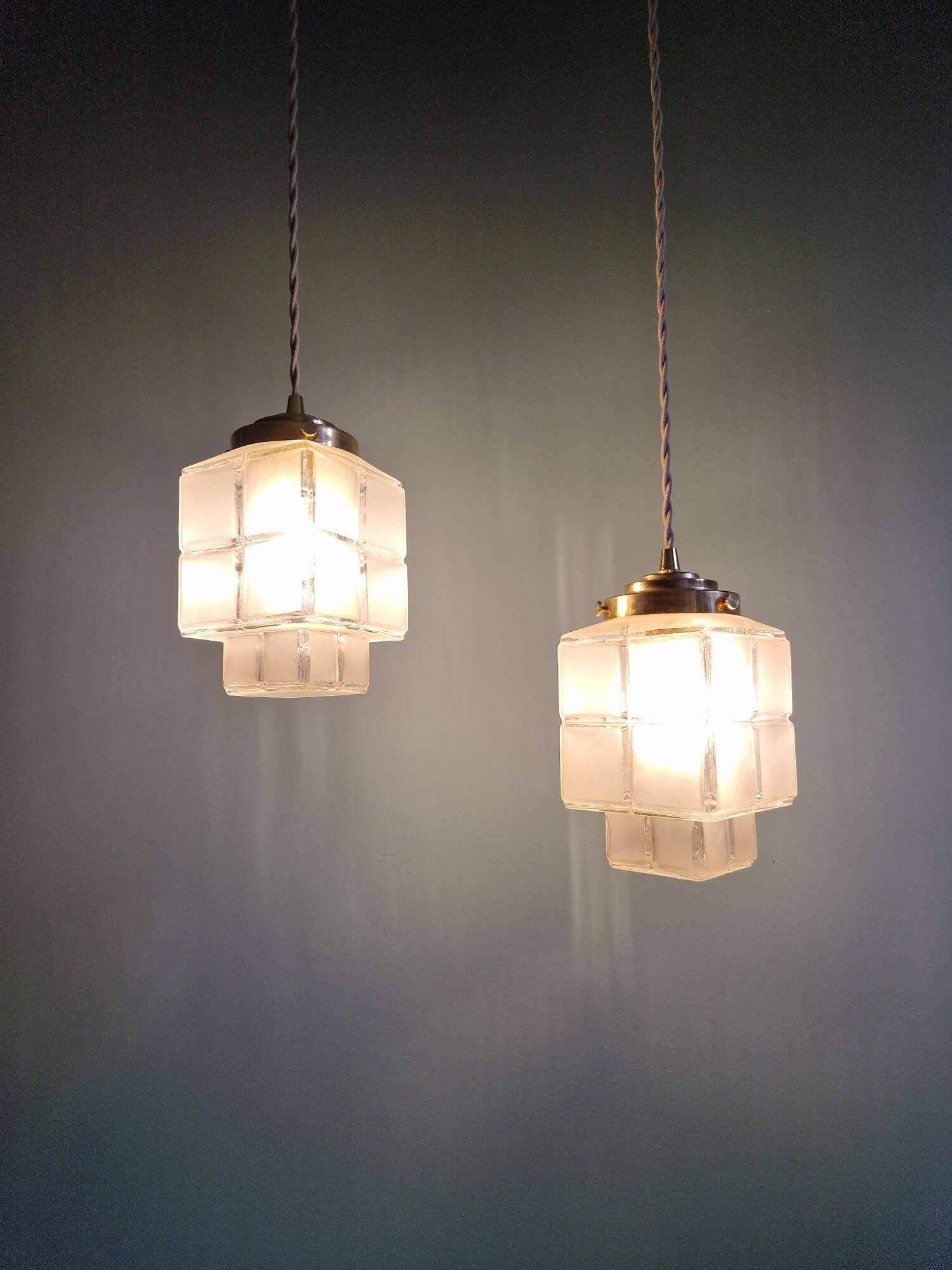 Pair of Art Deco Skyscraper satin glass pendant lights, 1930s