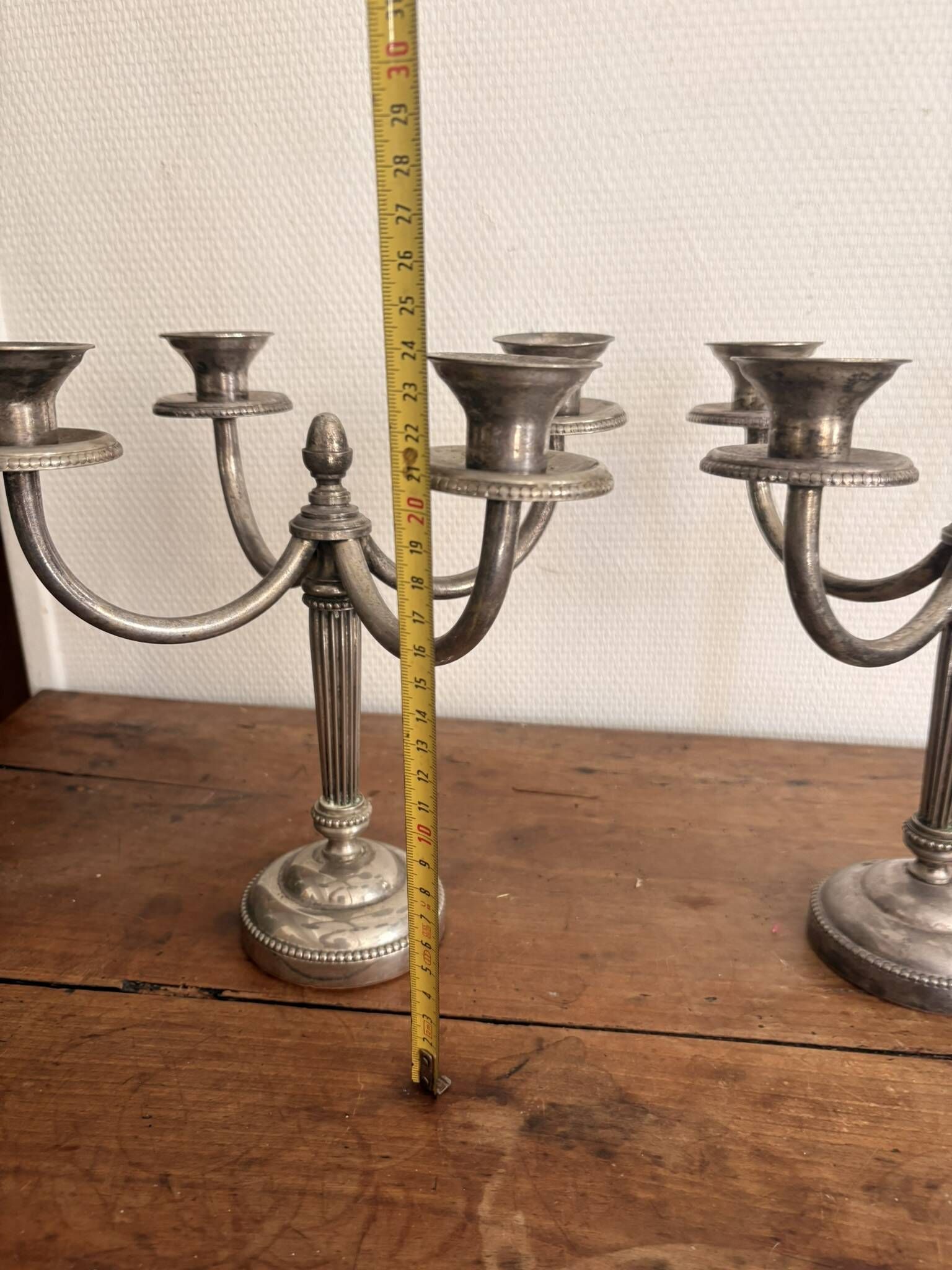 Pair of Silver Metal Candelabra Louis XVI 4 Light Candle Holders