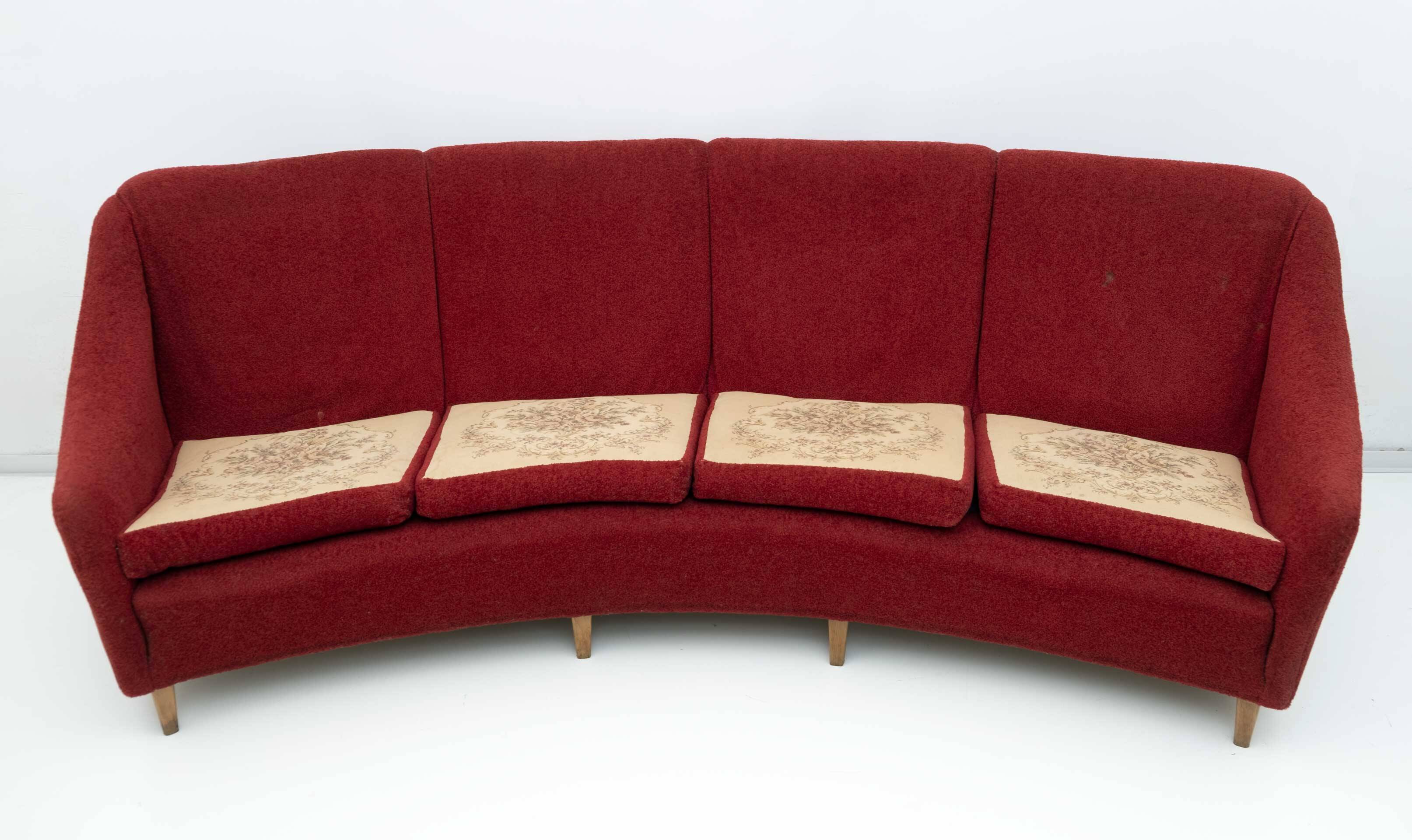 Mid-Century Modern Italian Velvet four Seater Curved Sofa, 1950s