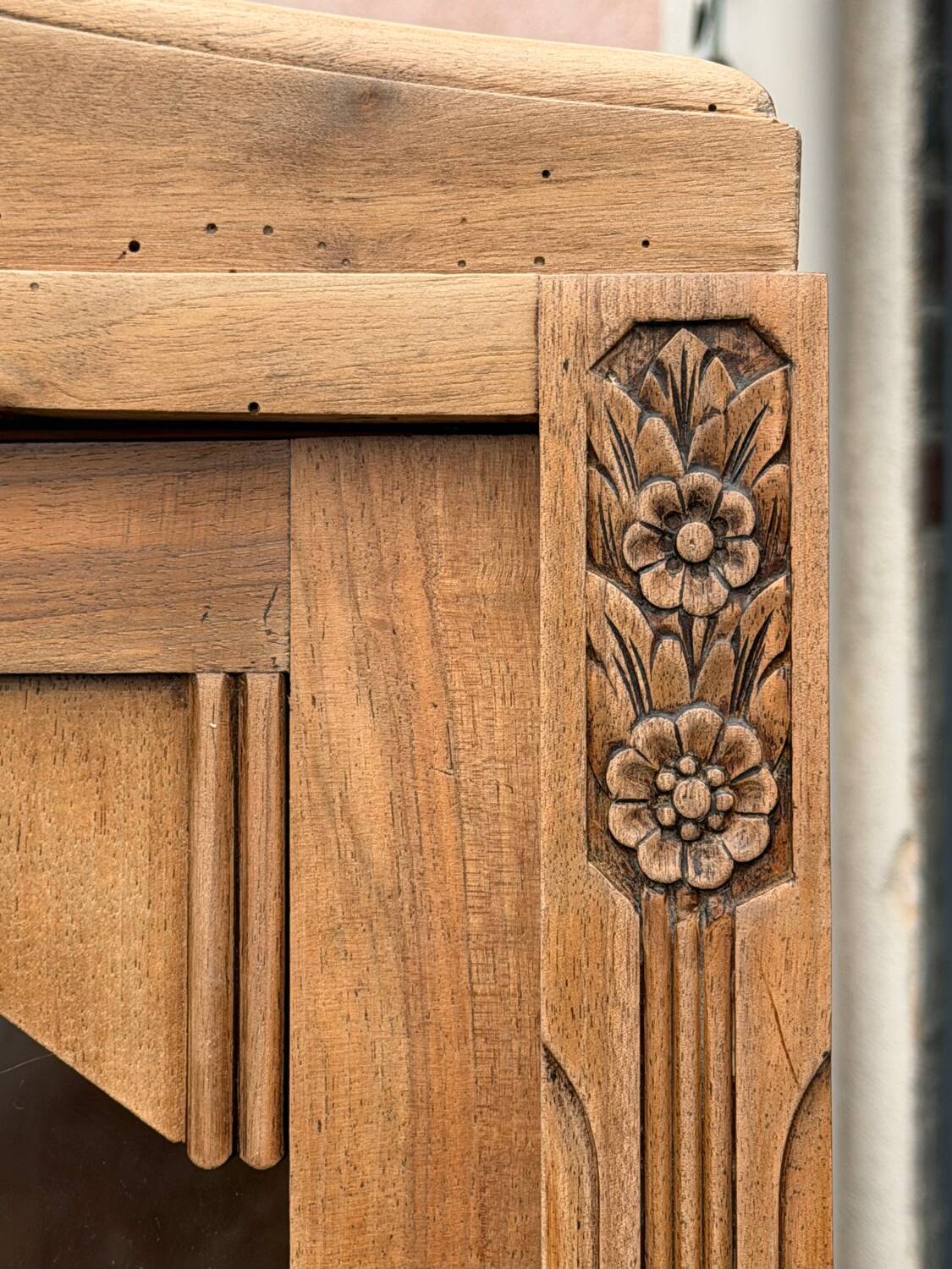 Parisian glass-fronted Art Deco wardrobe in solid raw walnut.