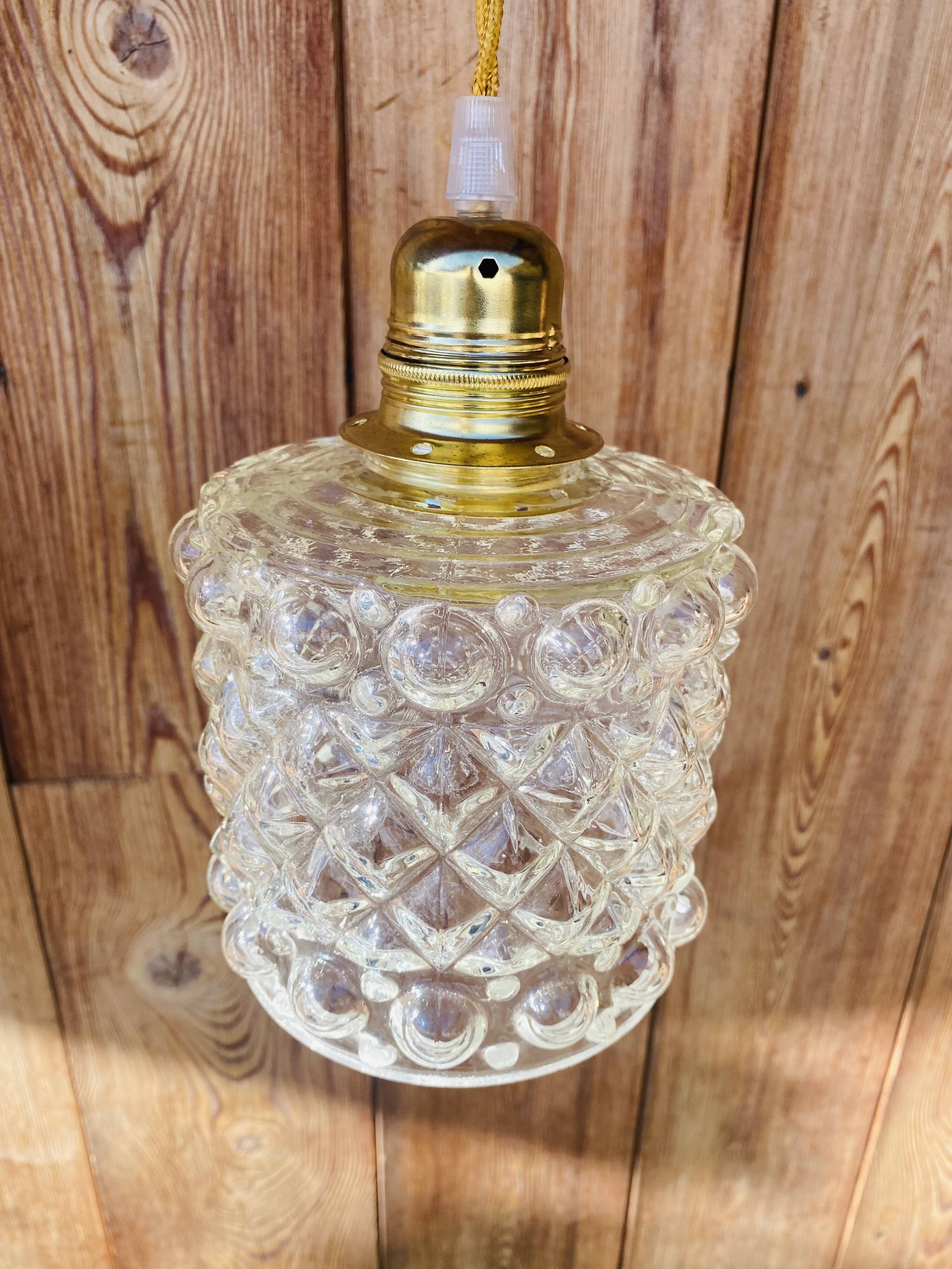 Globe hanging lamp in vintage bubbled molded glass